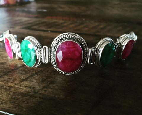 Emerald and Ruby 925 Sterling Silver Bracelet
