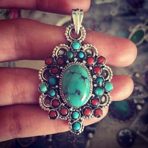 Turquoise Coral 925 Sterling Silver Pendant