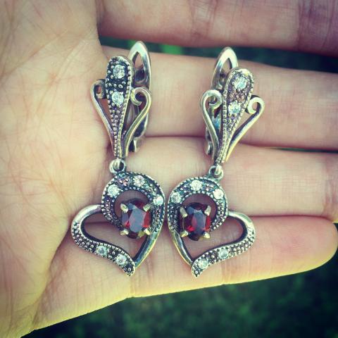 Love heart sterling silver earrings with garnet and zircon semi precious stones
