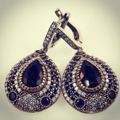 Dark blue drops big sterling silver earrings with zircon semi precious stones