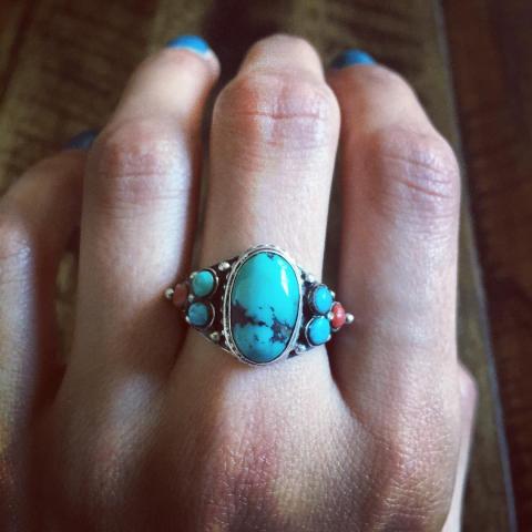 925 Sterling Silver Ring with Coral Stones