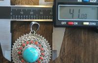 Turquoise and coral sterling silver big pendant