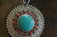 Turquoise and coral sterling silver big pendant