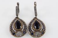 Dark blue drops big sterling silver earrings with zircon semi precious stones