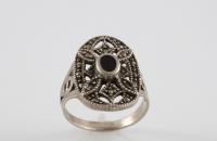 Roman princess sterling silver ring with onyx semi precious stone and marcasite